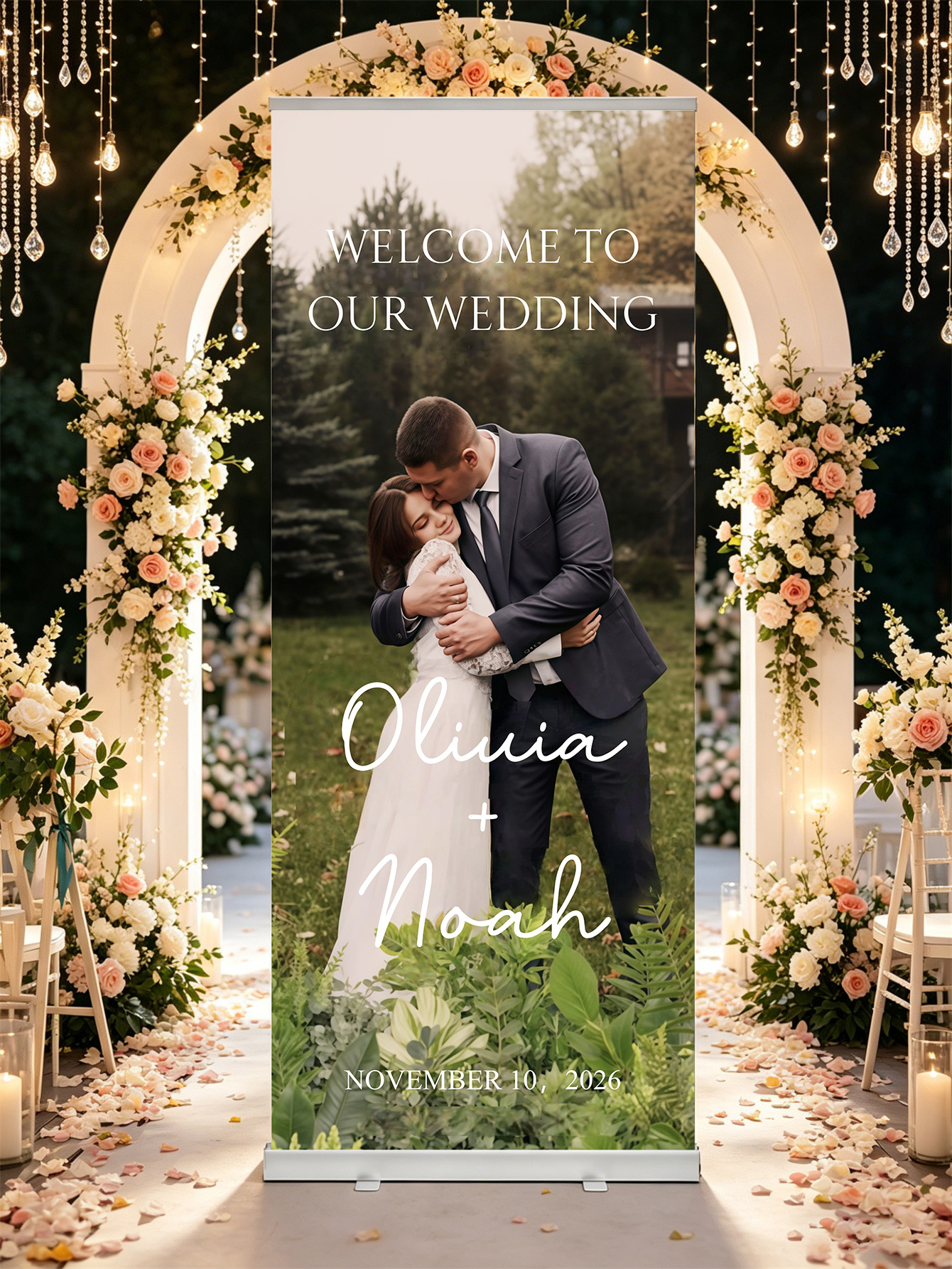 Customized wedding retractable banners - personalized photo wedding welcome signs, reception decorations and background curtains